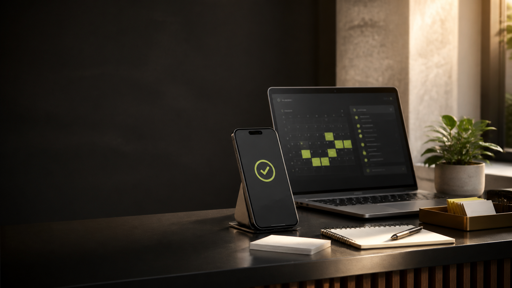 Teléfono con una agenda confirmada junto a una laptop con un calendario de gestión
