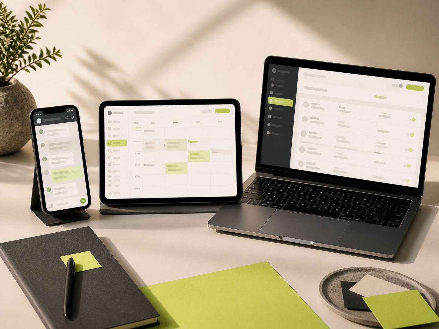Teléfono, tablet y laptop mostrando una conversación, una agenda y un panel de gestión